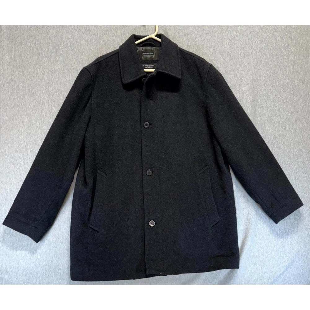 Claiborne Outerwear Jacket Men Large Black Wool Button Front Winter Peacoat
